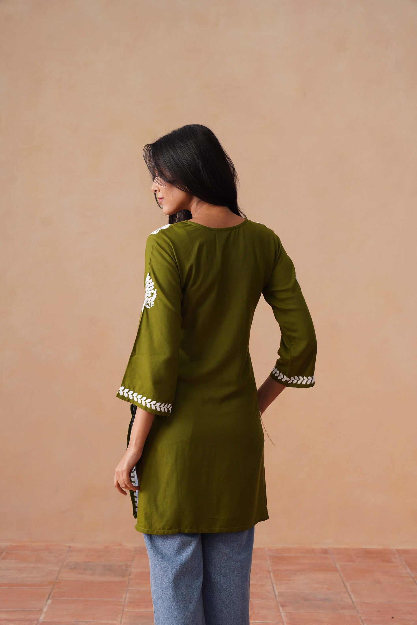 Sama Olive Green Short Rayon Kurta
