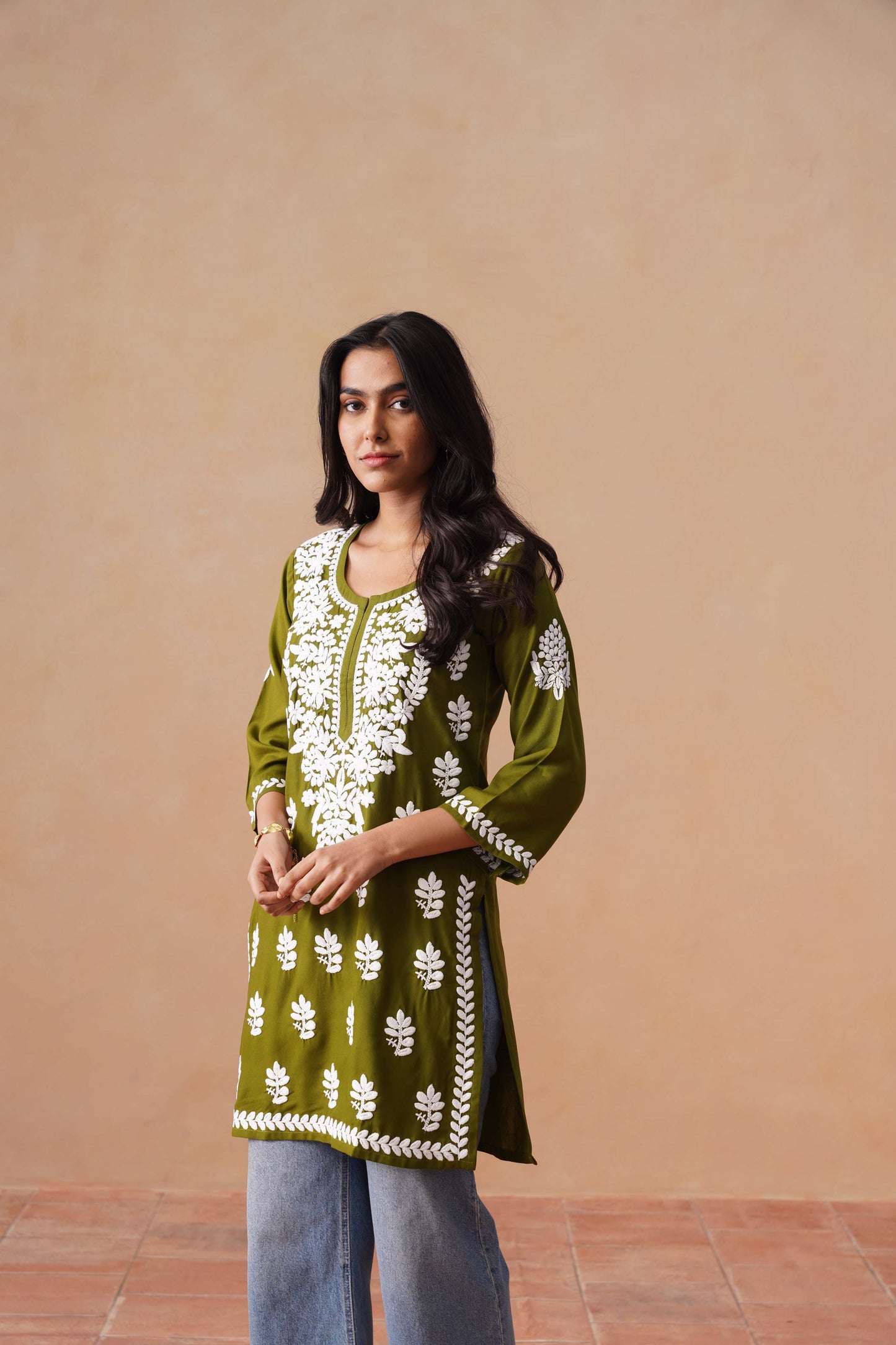 Sama Olive Green Short Rayon Kurta