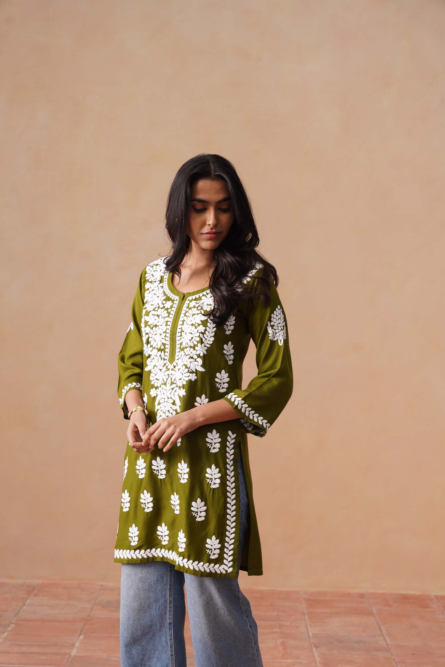 Sama Olive Green Short Rayon Kurta