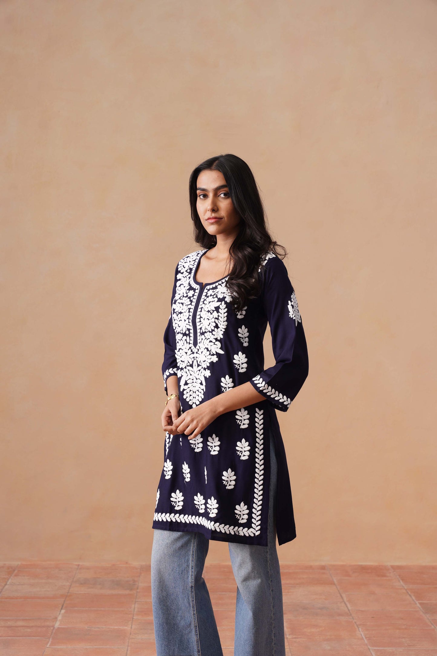 Sama Navy Blue Short Rayon Kurta