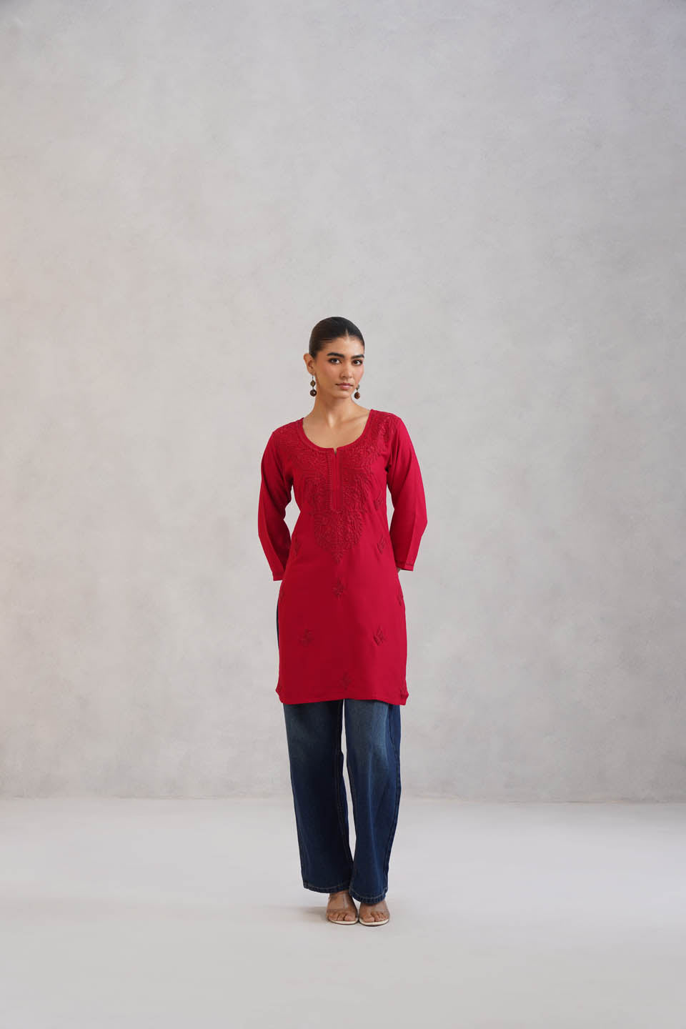 SEHER Cherry Red Short Rayon Kurta