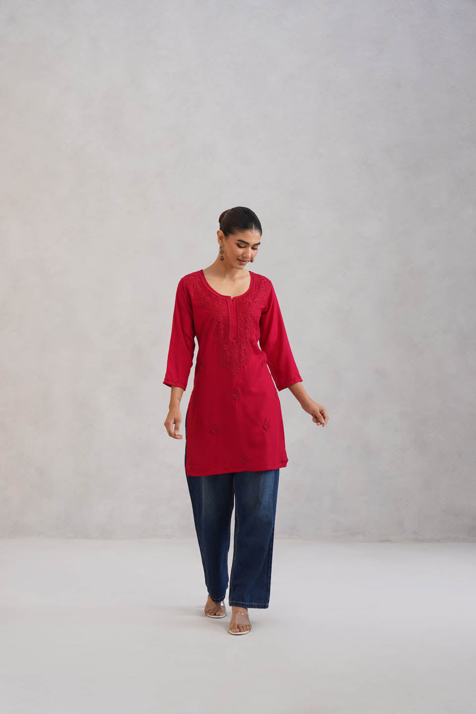 SEHER Cherry Red Short Rayon Kurta