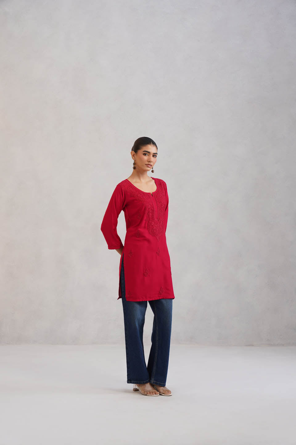 SEHER Cherry Red Short Rayon Kurta