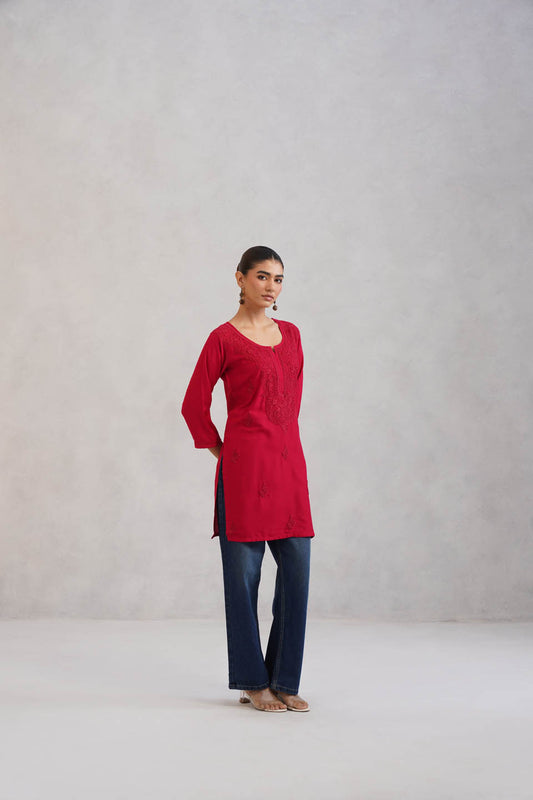 SEHER Cherry Red Short Rayon Kurta
