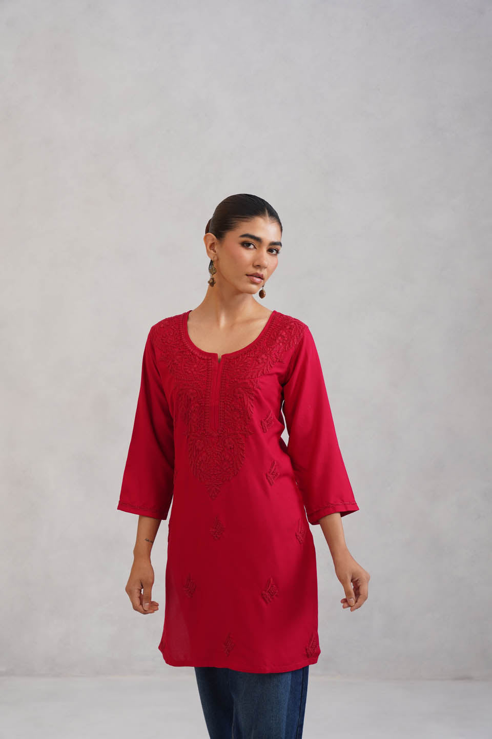 SEHER Cherry Red Short Rayon Kurta