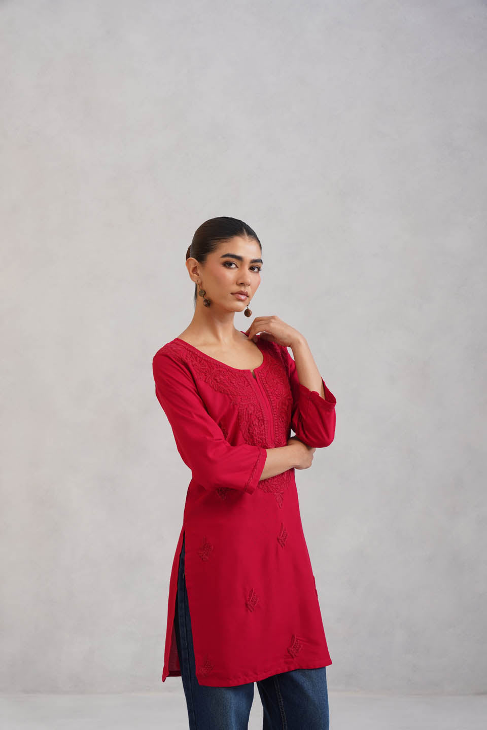SEHER Cherry Red Short Rayon Kurta