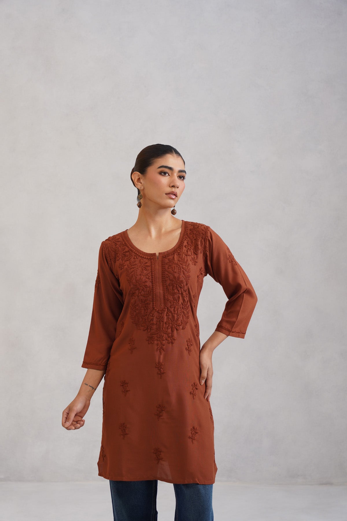 Kayra Coffee Brown Embroidered Straight Kurta