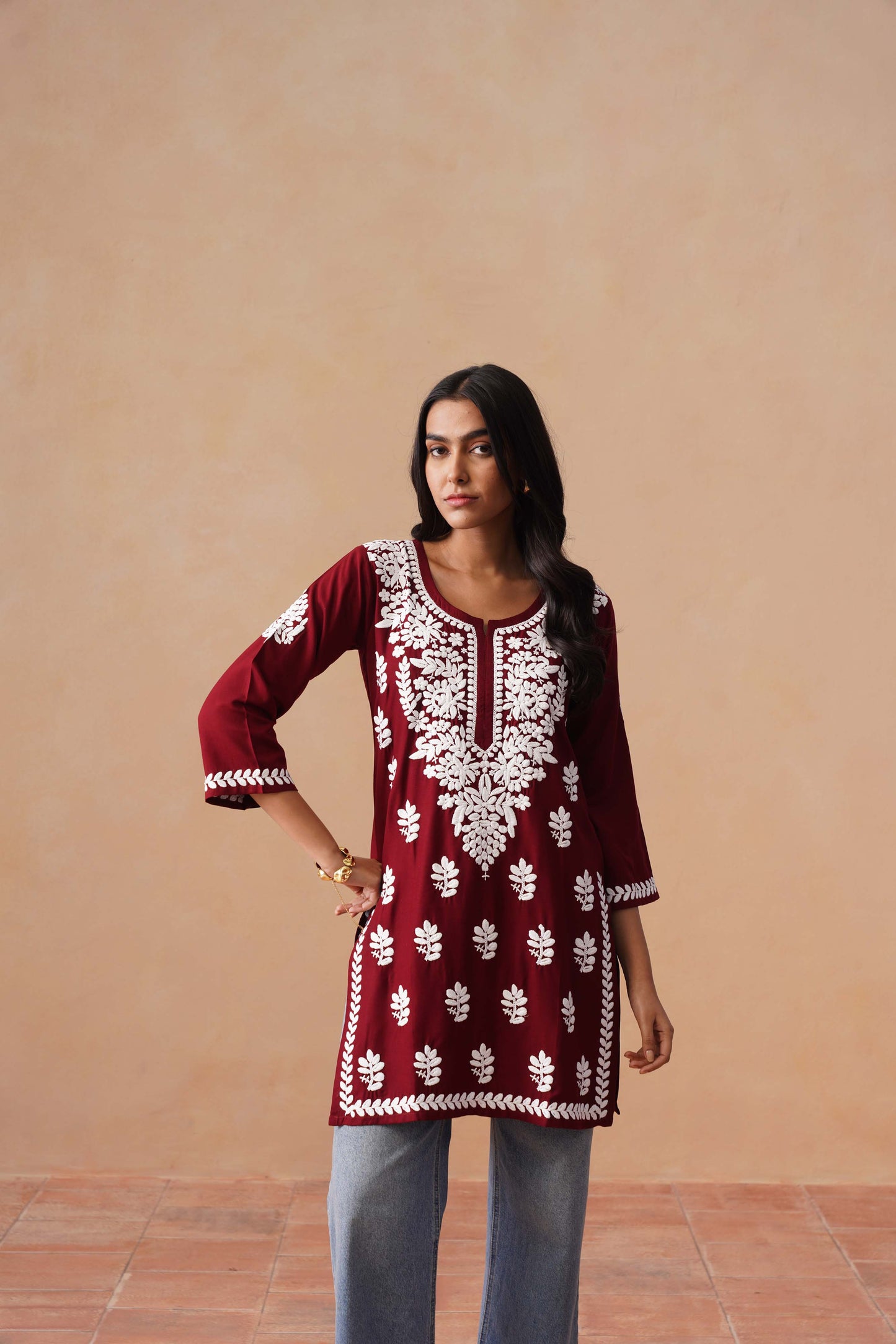 Sama Maroon Short Rayon Kurta
