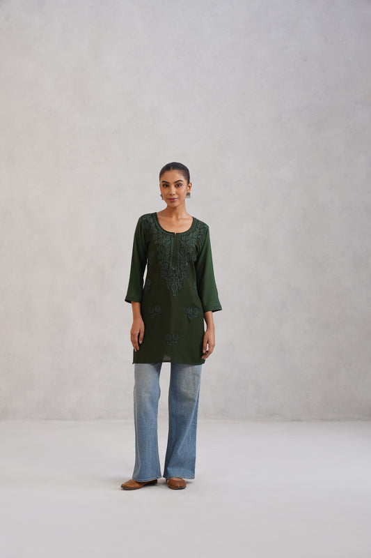 Gulab Bottle Green Ombre Short Rayon Kurta