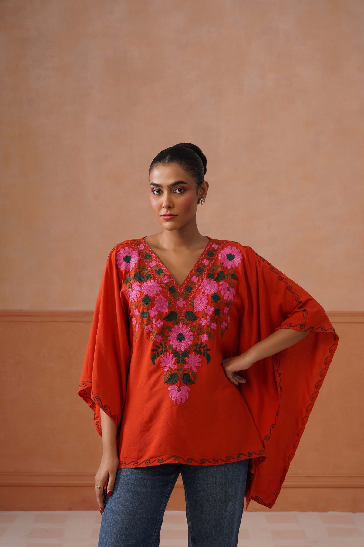 Ruby Rust Floral Embroidered Kaftan Top with V-Neck