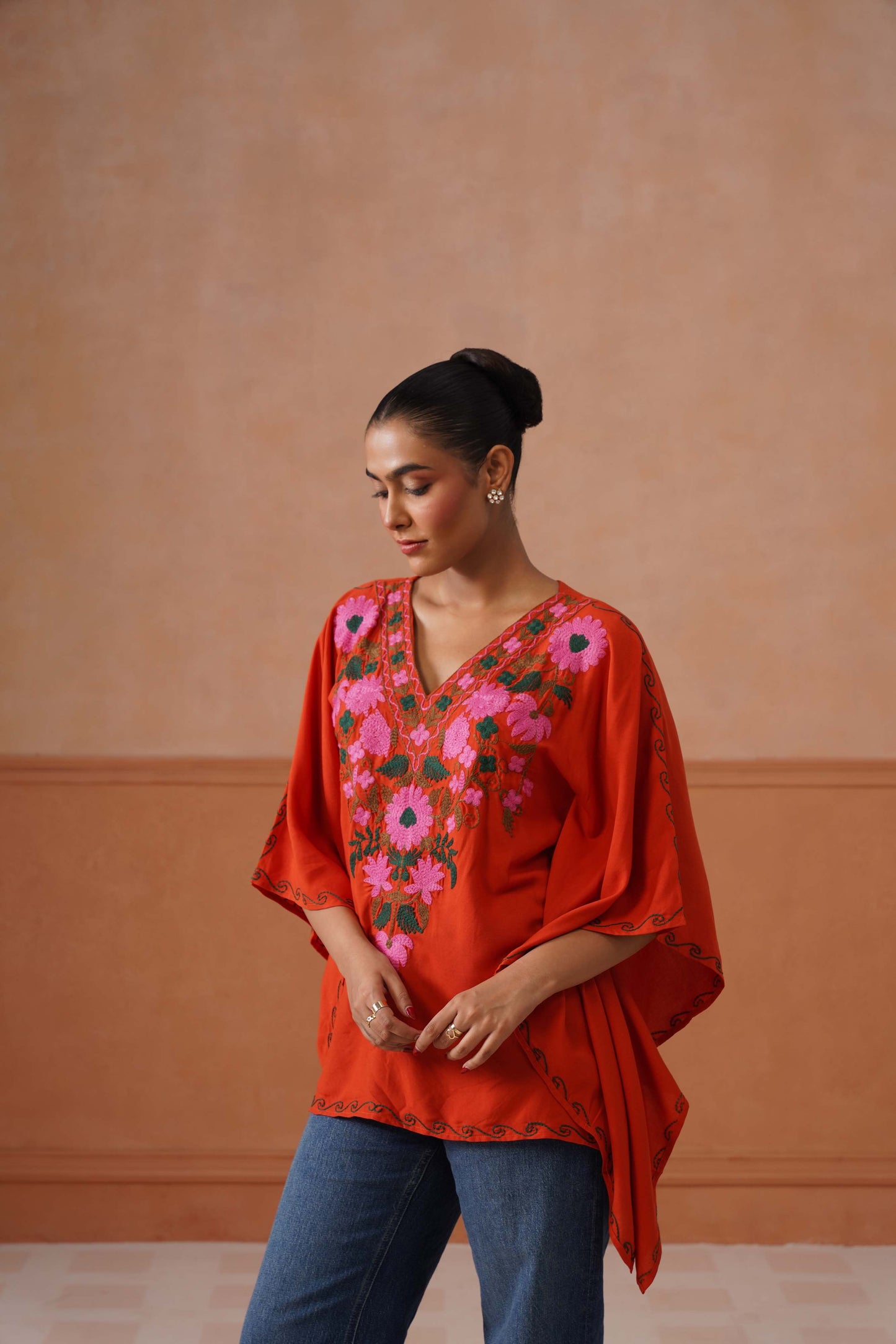 Ruby Rust Floral Embroidered Kaftan Top with V-Neck