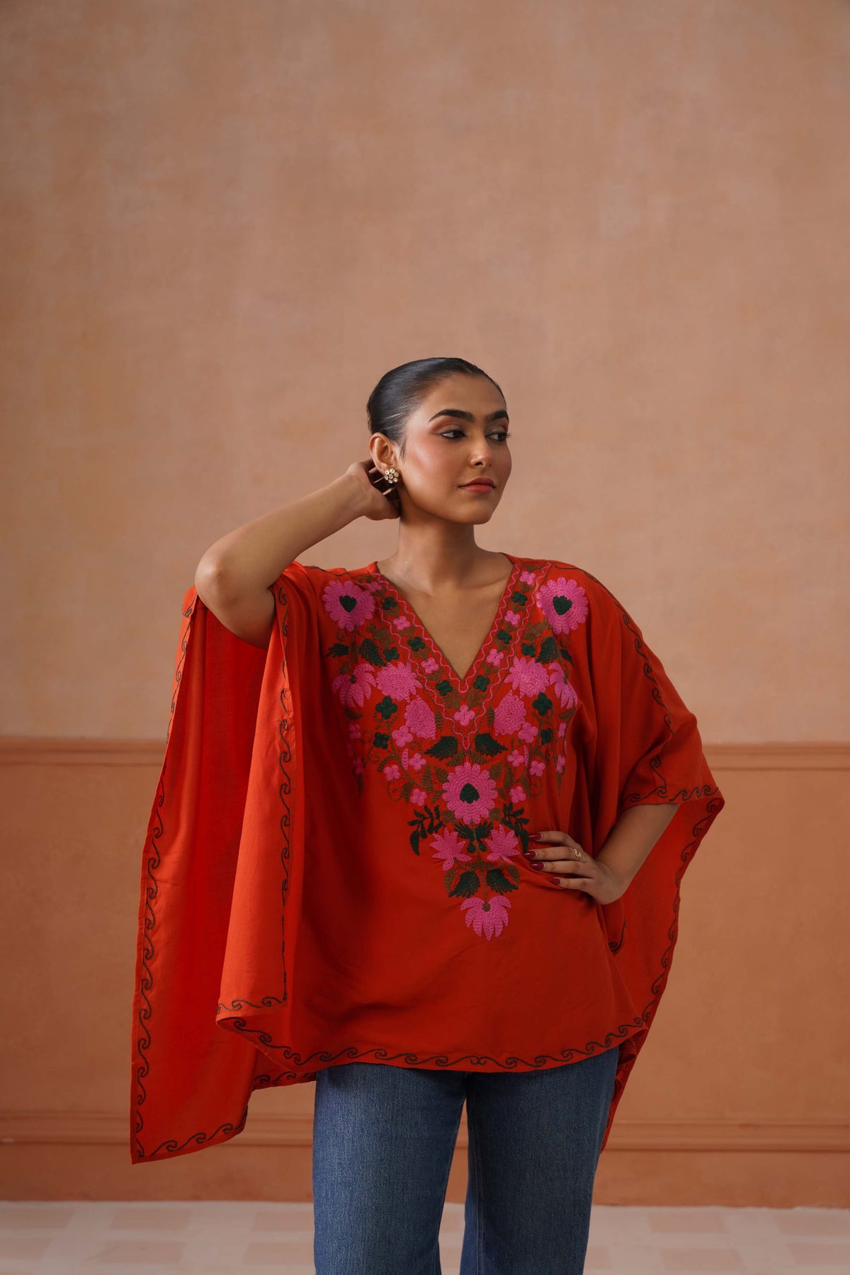 Ruby Rust Floral Embroidered Kaftan Top with V-Neck