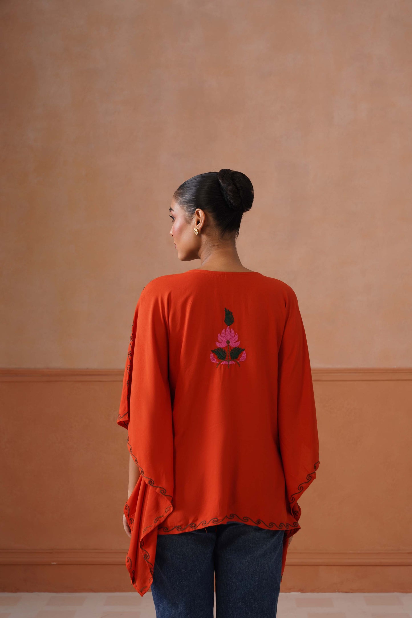 Ruby Rust Floral Embroidered Kaftan Top with V-Neck
