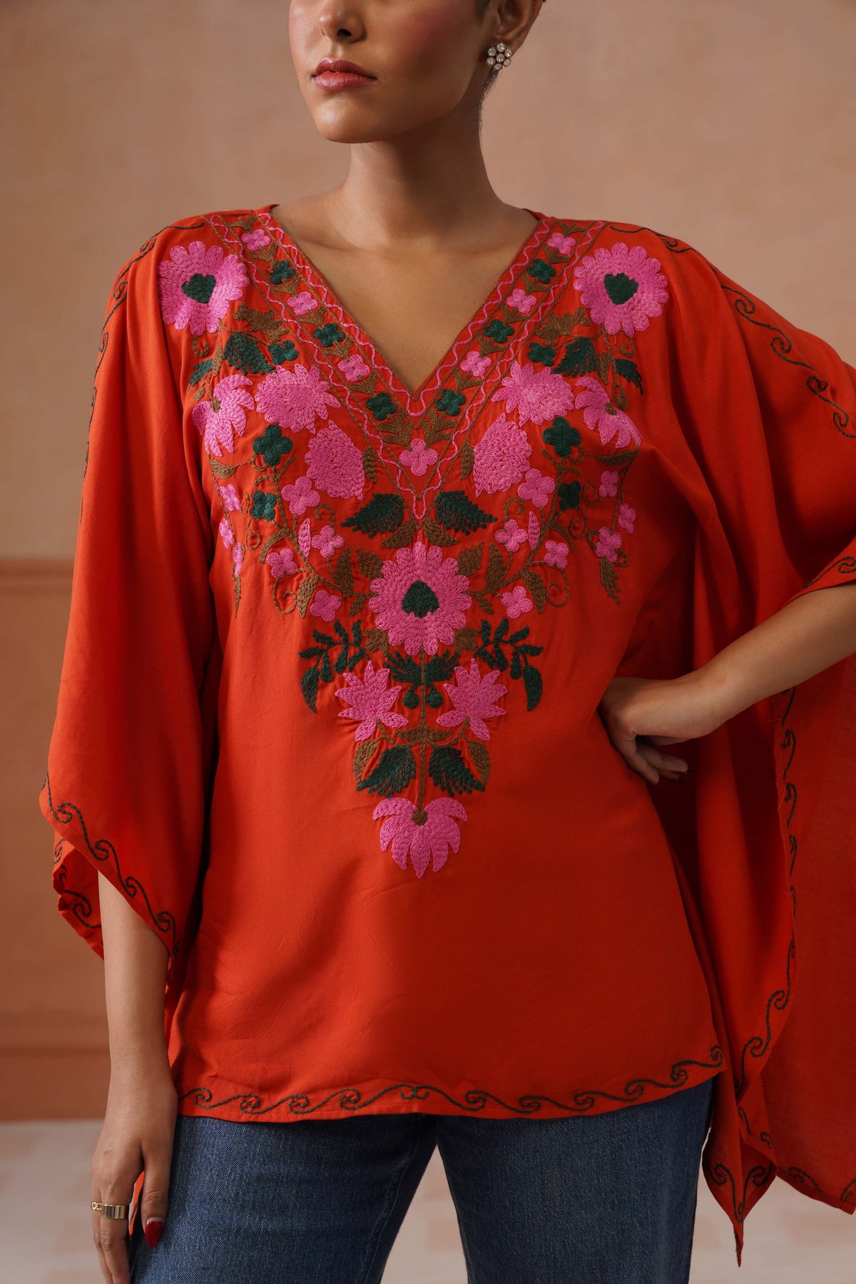 Ruby Rust Floral Embroidered Kaftan Top with V-Neck