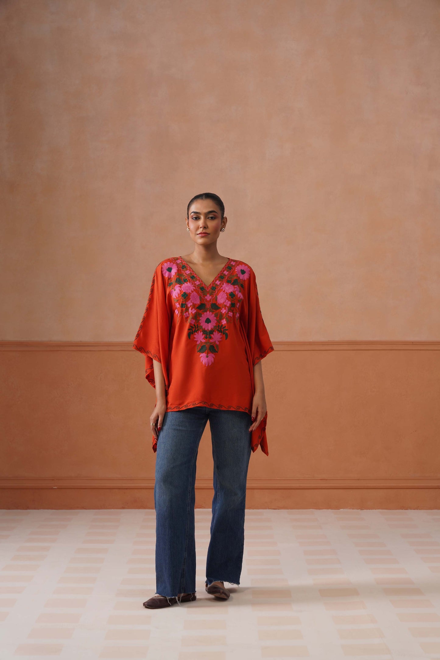 Ruby Rust Floral Embroidered Kaftan Top with V-Neck