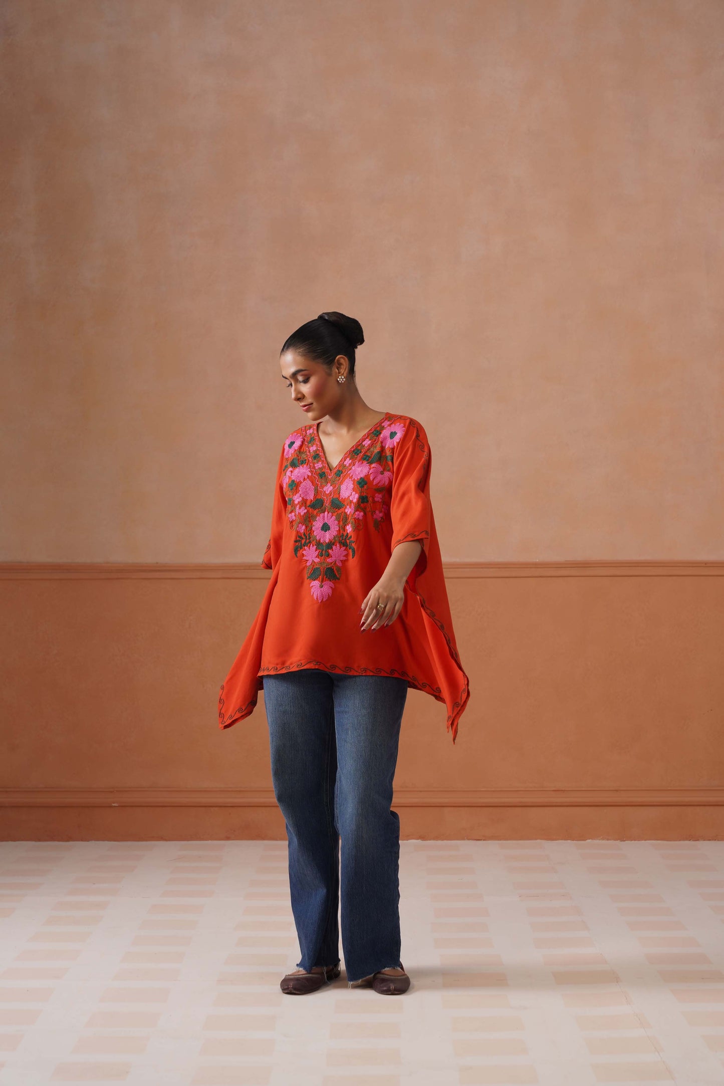 Ruby Rust Floral Embroidered Kaftan Top with V-Neck