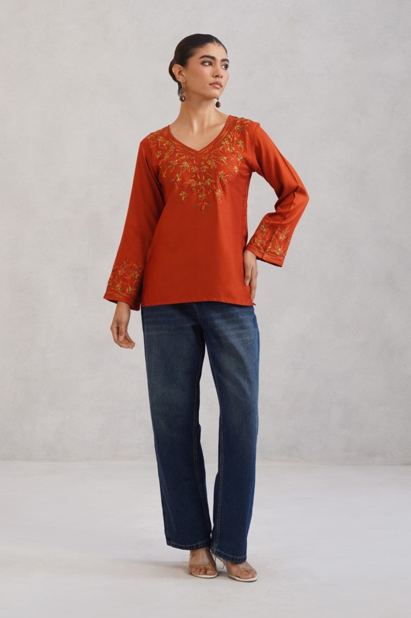 Nuresa Orange Floral Embroidered Top