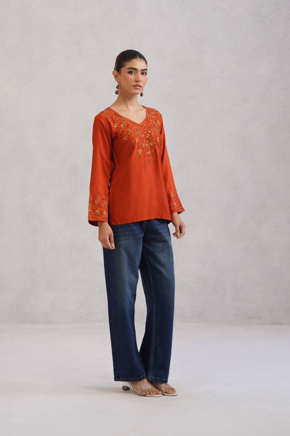 Nuresa Orange Floral Embroidered Top