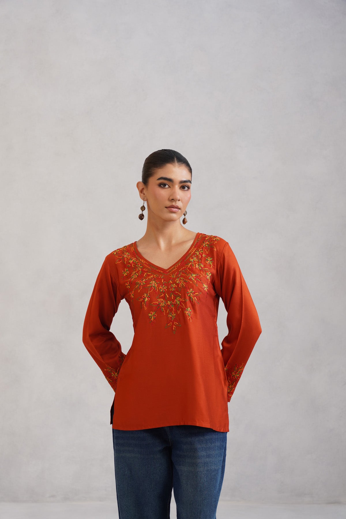 Nuresa Orange Floral Embroidered Top