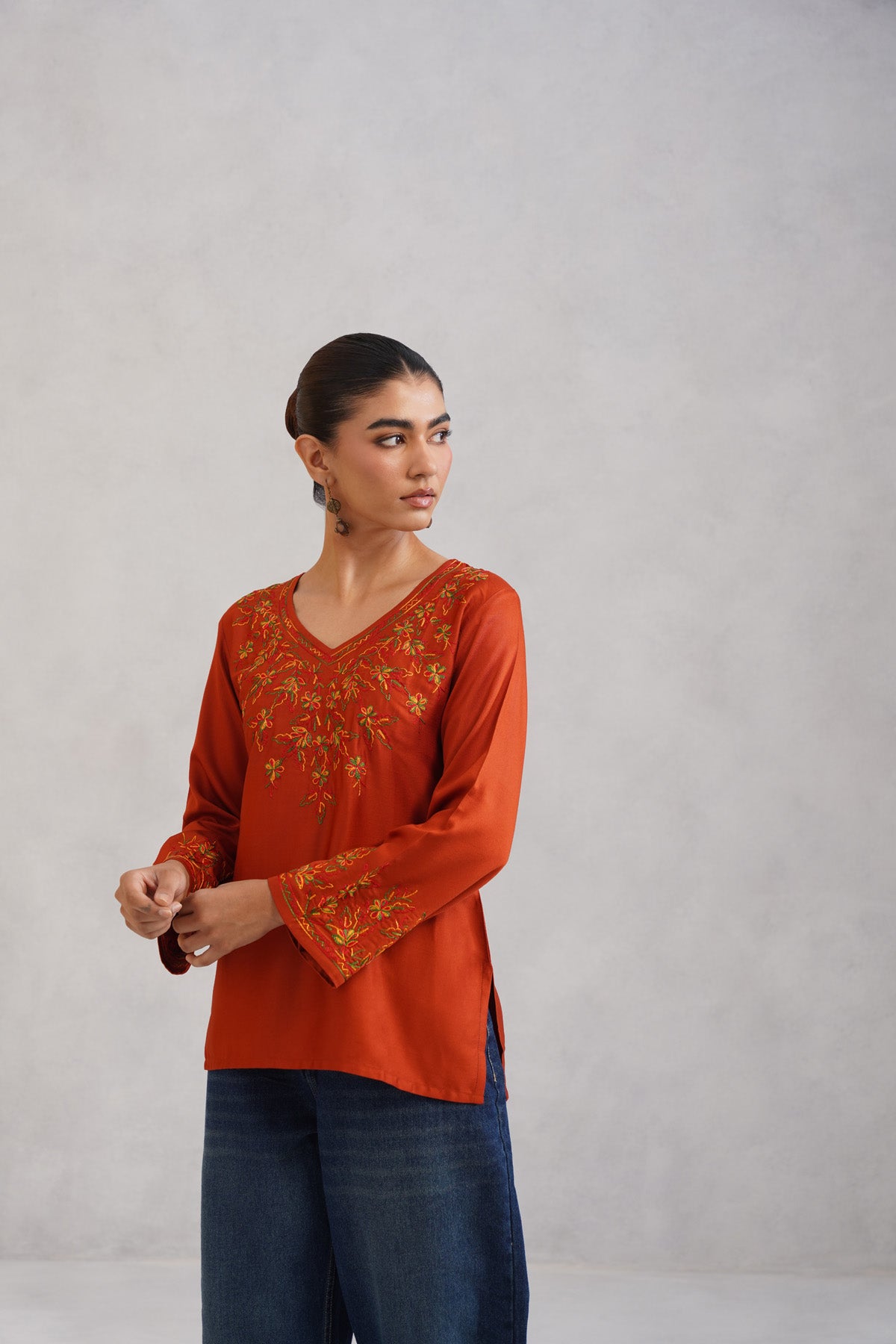 Nuresa Orange Floral Embroidered Top
