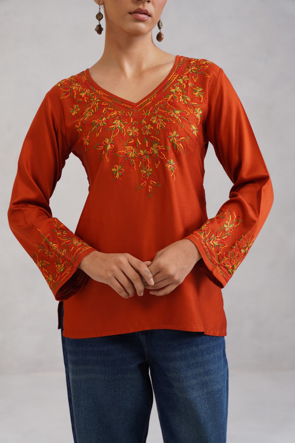 Nuresa Orange Floral Embroidered Top