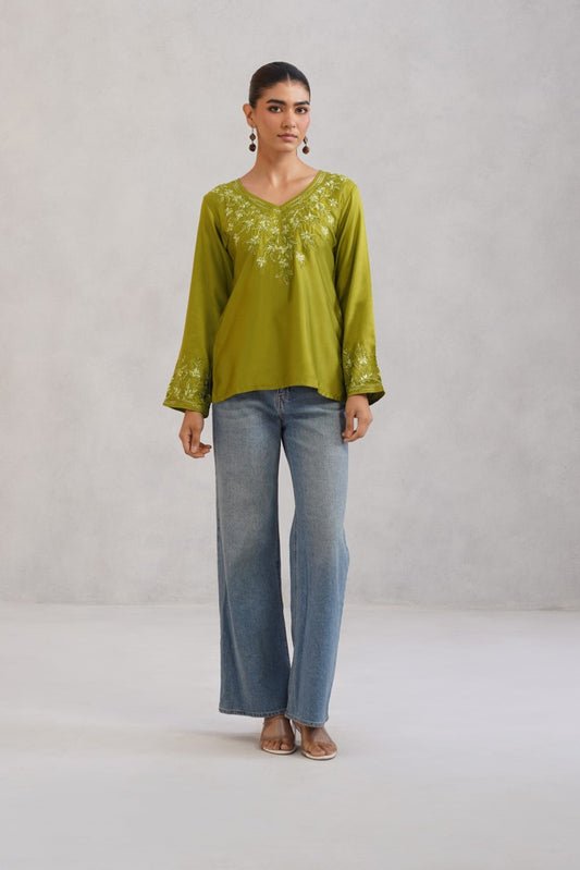 Nuresa Lime Green Floral Embroidered Top