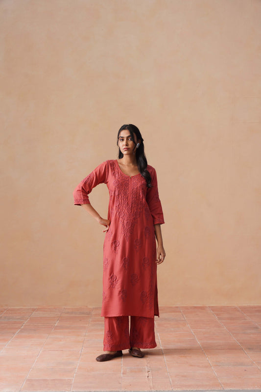 Nayan coral pink 2 piece Rayon kurta set