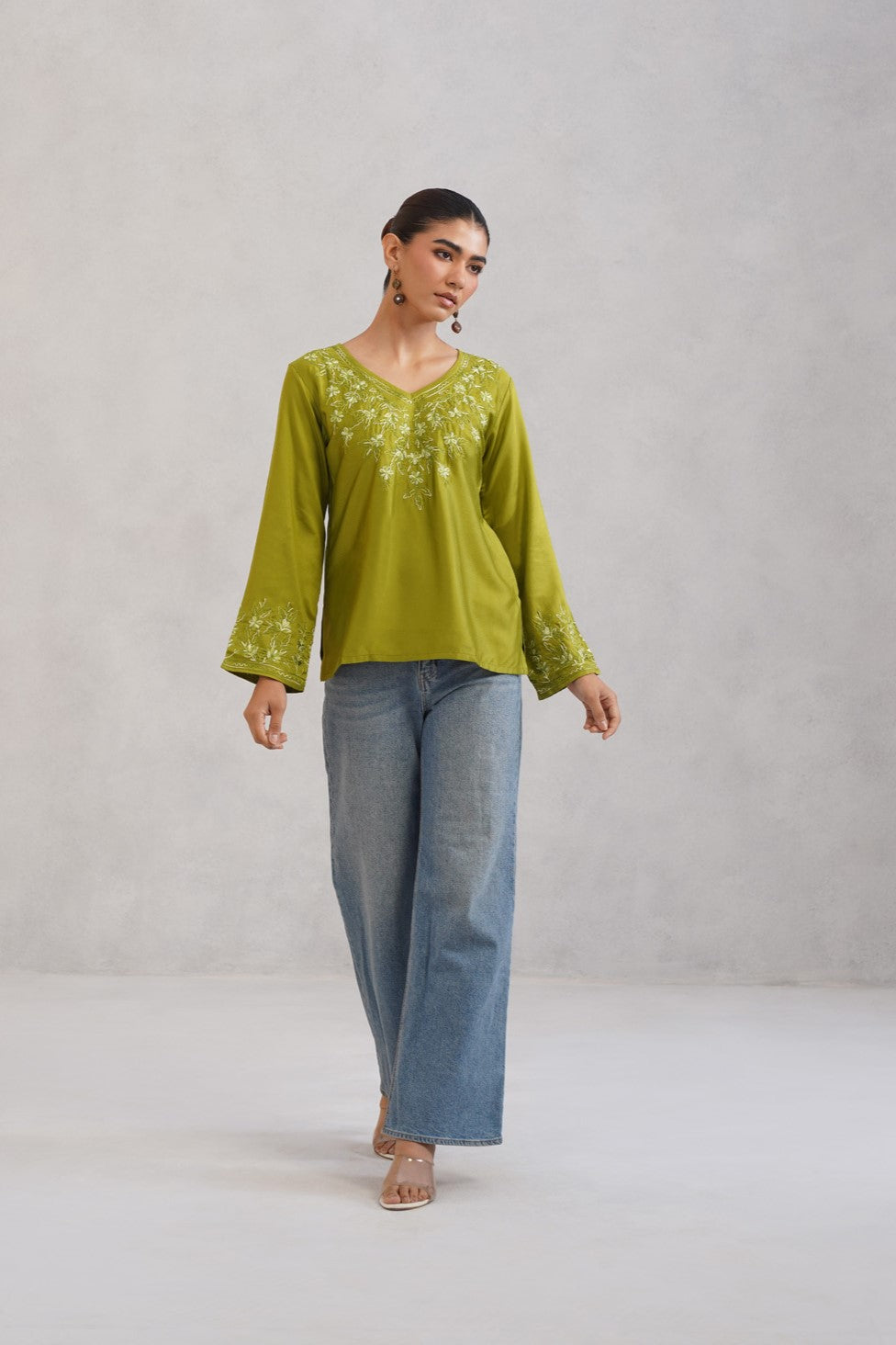 Nuresa Lime Green Floral Embroidered Top