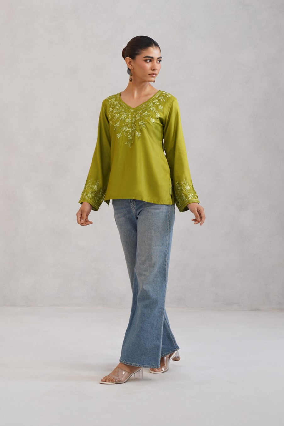 Nuresa Lime Green Floral Embroidered Top