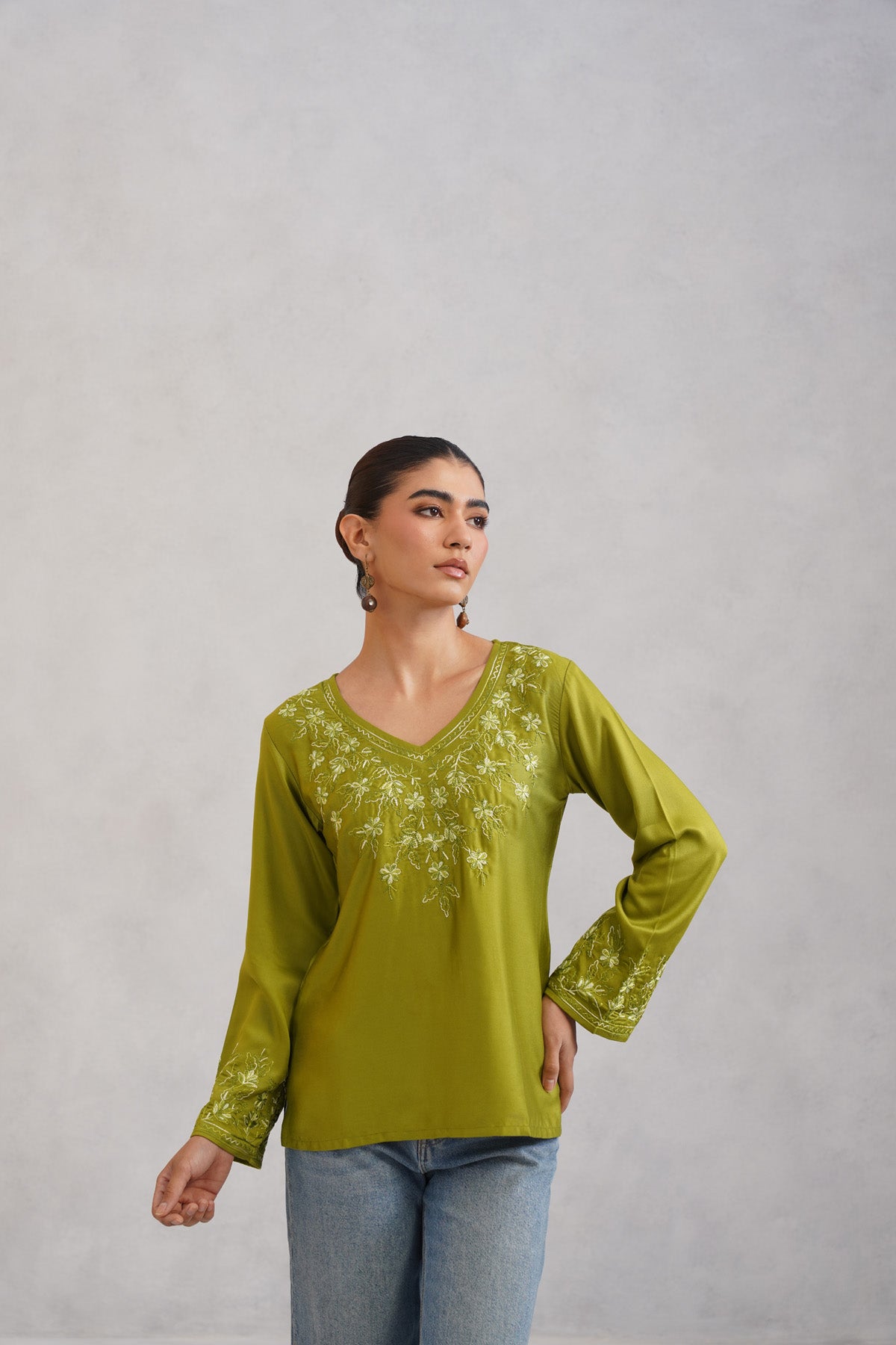 Nuresa Lime Green Floral Embroidered Top