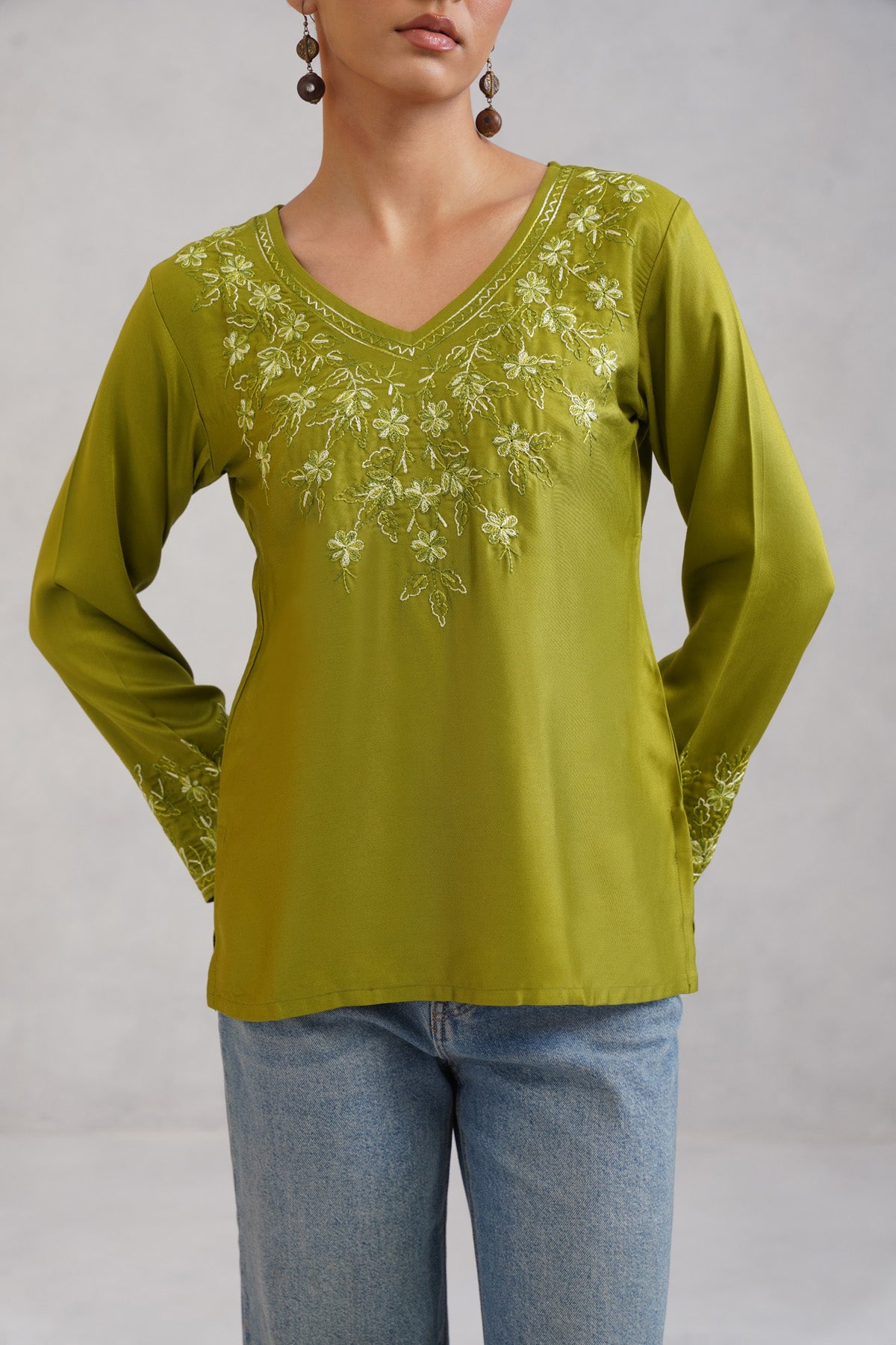 Nuresa Lime Green Floral Embroidered Top