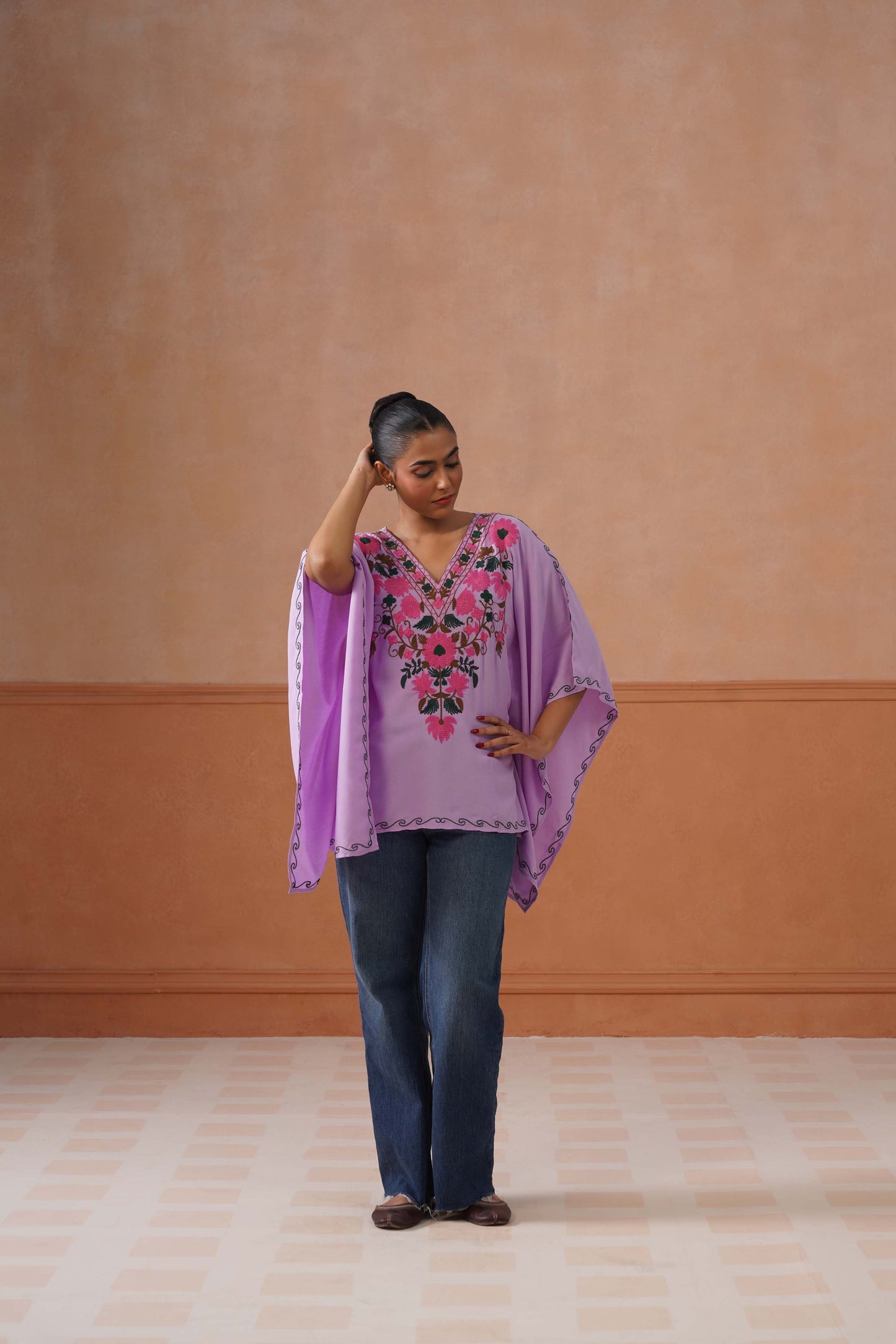 Ruby Lavender Floral Embroidered Kaftan Top with V-Neck