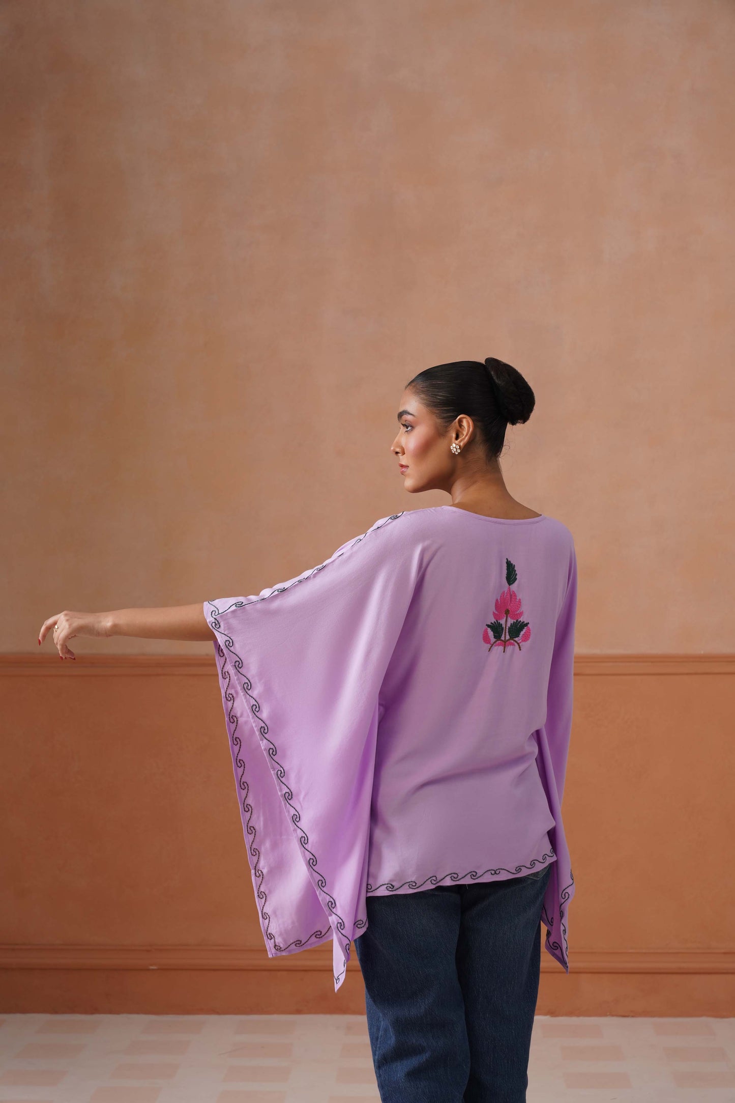 Ruby Lavender Floral Embroidered Kaftan Top with V-Neck