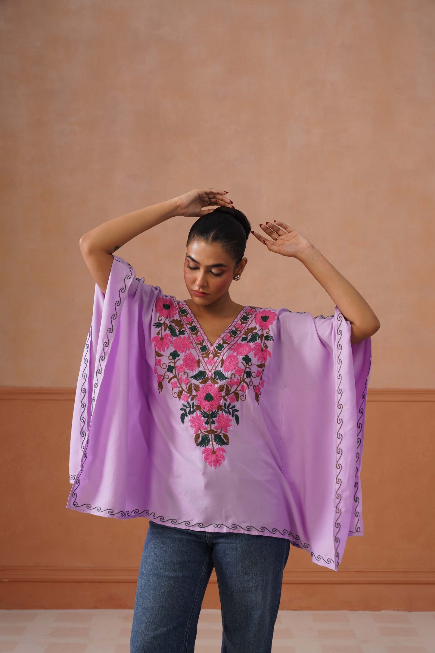 Ruby Lavender Floral Embroidered Kaftan Top with V-Neck