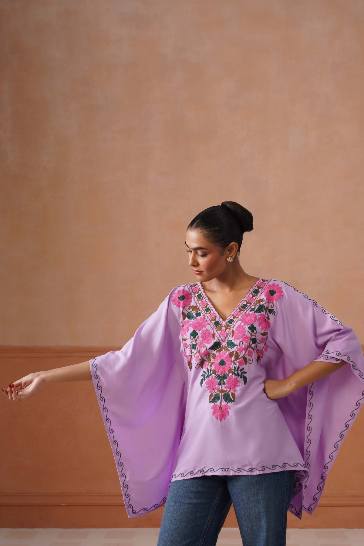 Ruby Lavender Floral Embroidered Kaftan Top with V-Neck