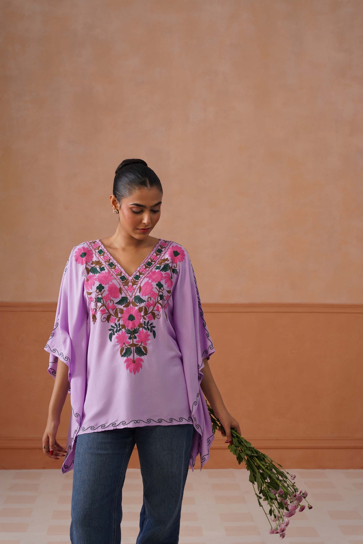 Ruby Lavender Floral Embroidered Kaftan Top with V-Neck