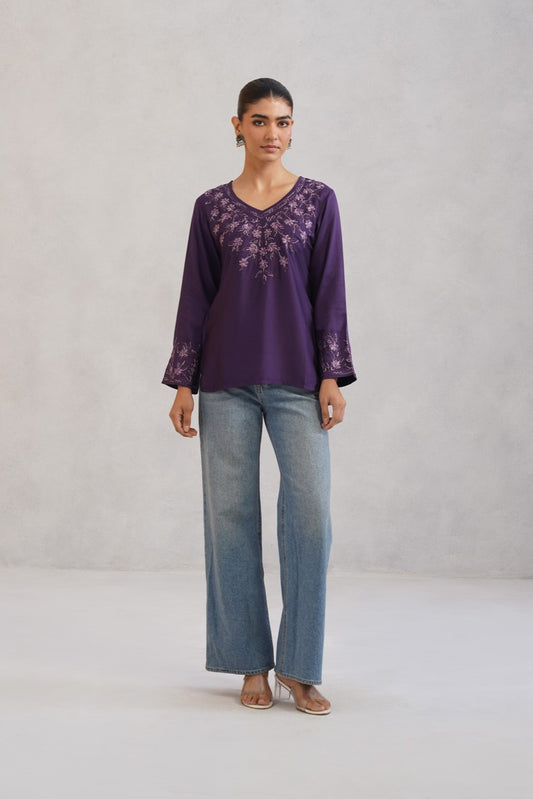 Nuresa Purple Floral Embroidered Top