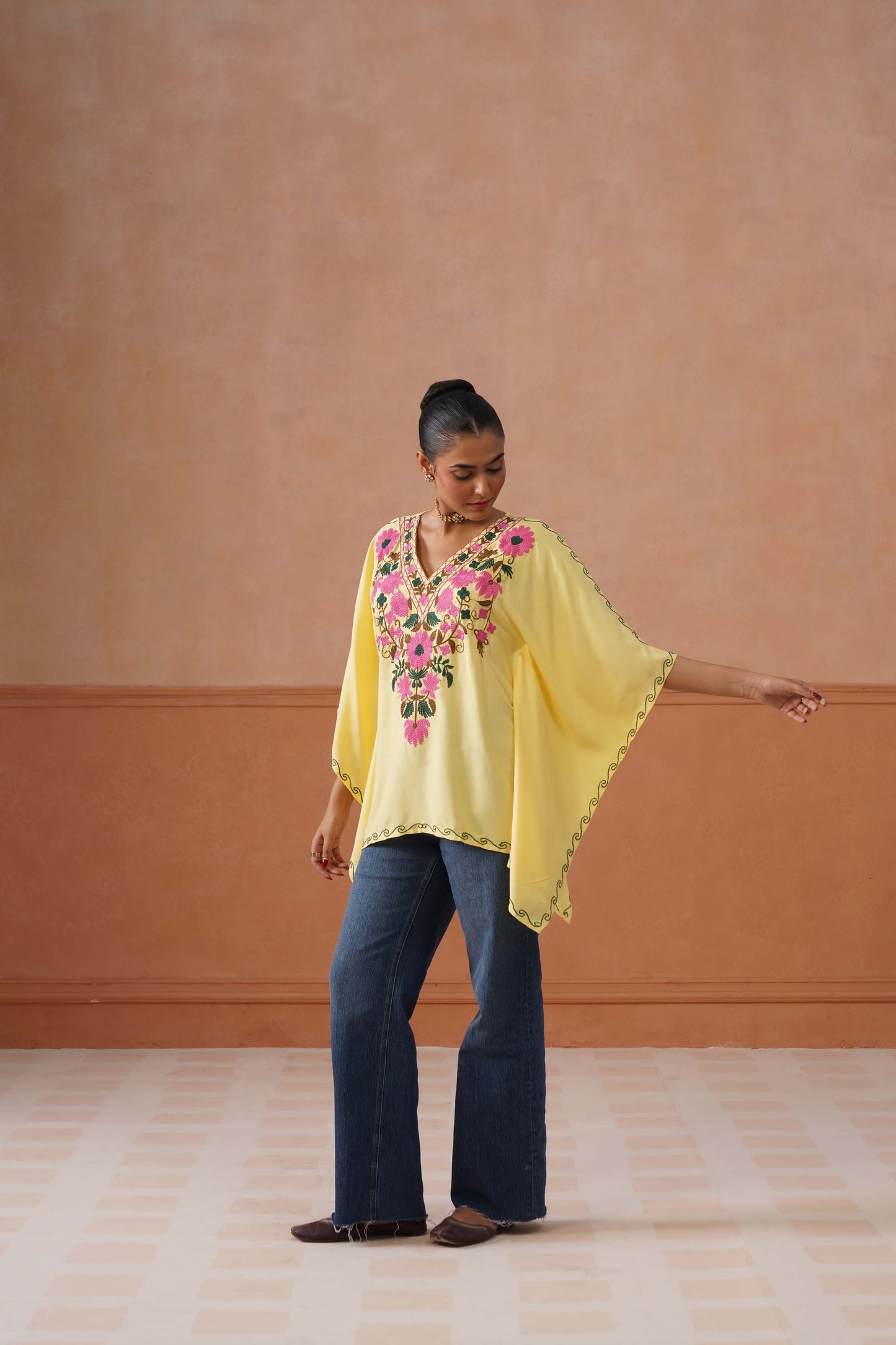 Ruby Yellow Floral Embroidered Kaftan Top with V-Neck
