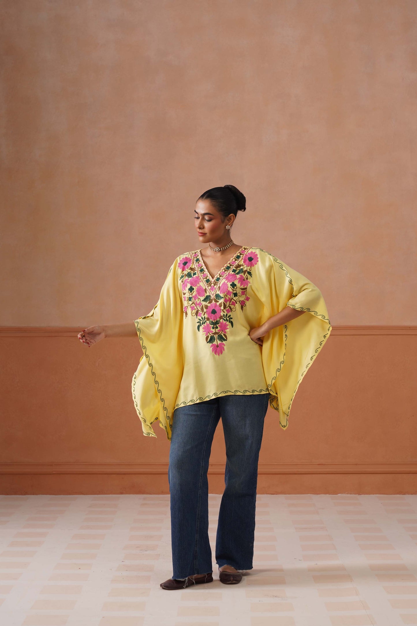 Ruby Yellow Floral Embroidered Kaftan Top with V-Neck