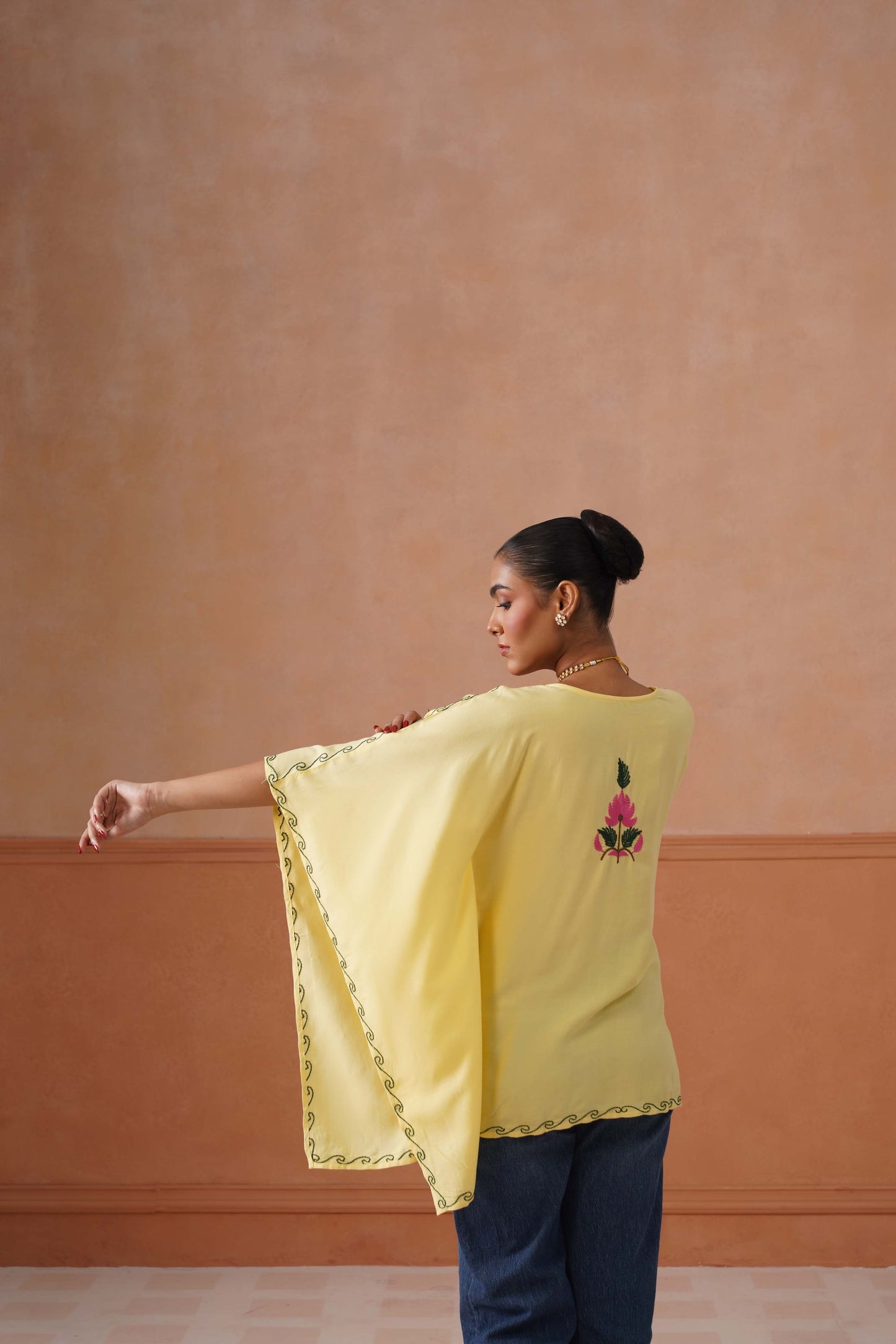Ruby Yellow Floral Embroidered Kaftan Top with V-Neck