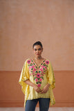 Ruby Yellow Floral Embroidered Kaftan Top with V-Neck