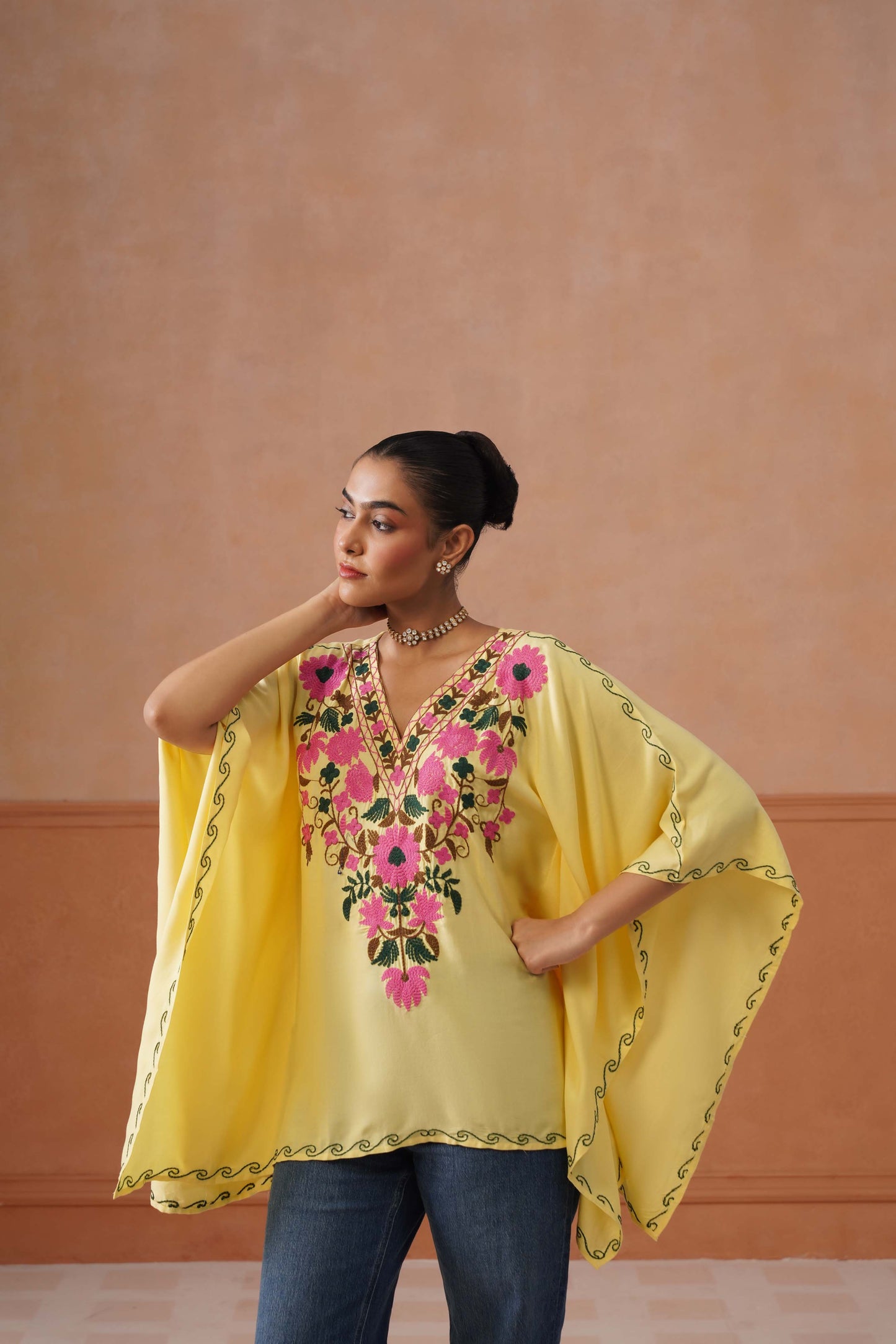 Ruby Yellow Floral Embroidered Kaftan Top with V-Neck