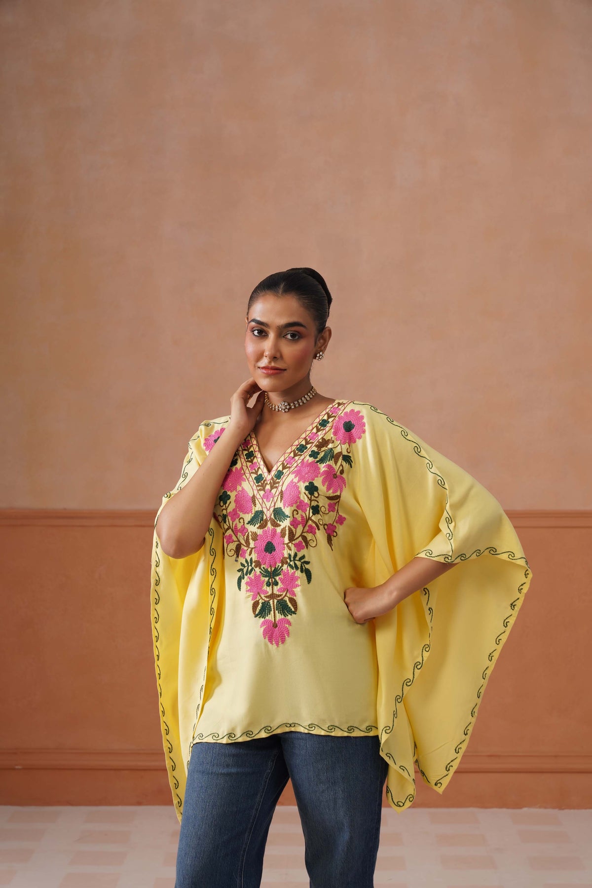 Ruby Yellow Floral Embroidered Kaftan Top with V-Neck