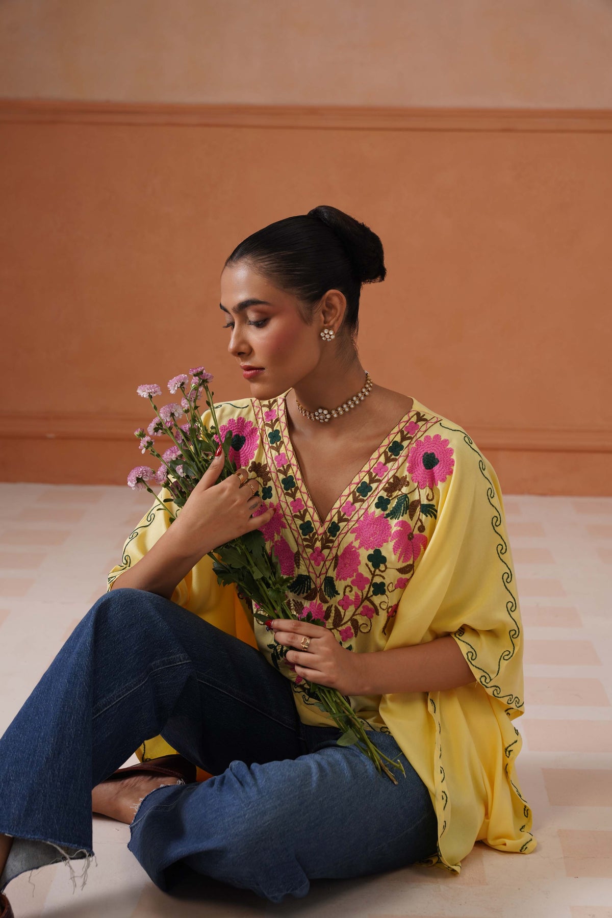 Ruby Yellow Floral Embroidered Kaftan Top with V-Neck