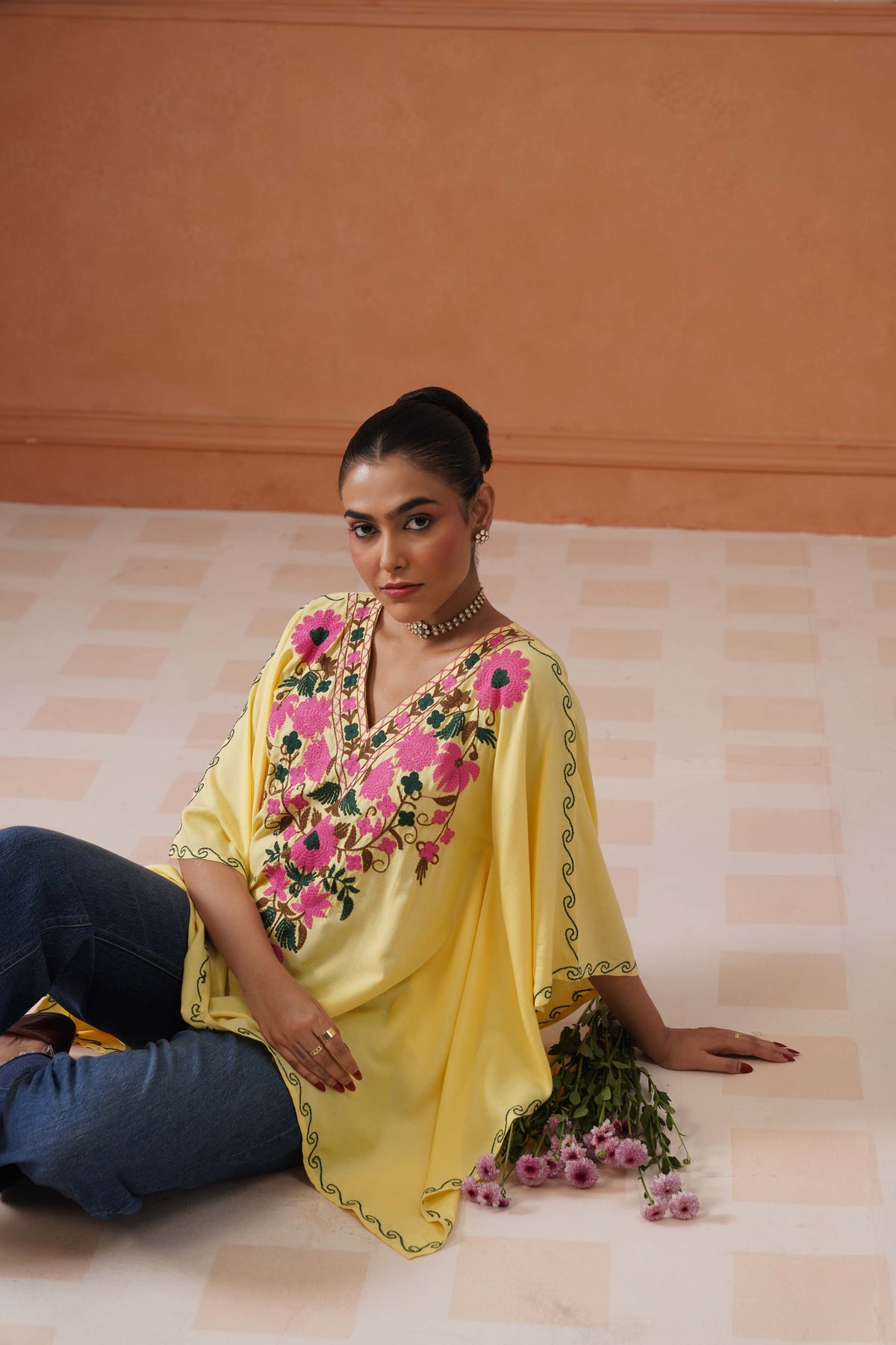 Ruby Yellow Floral Embroidered Kaftan Top with V-Neck