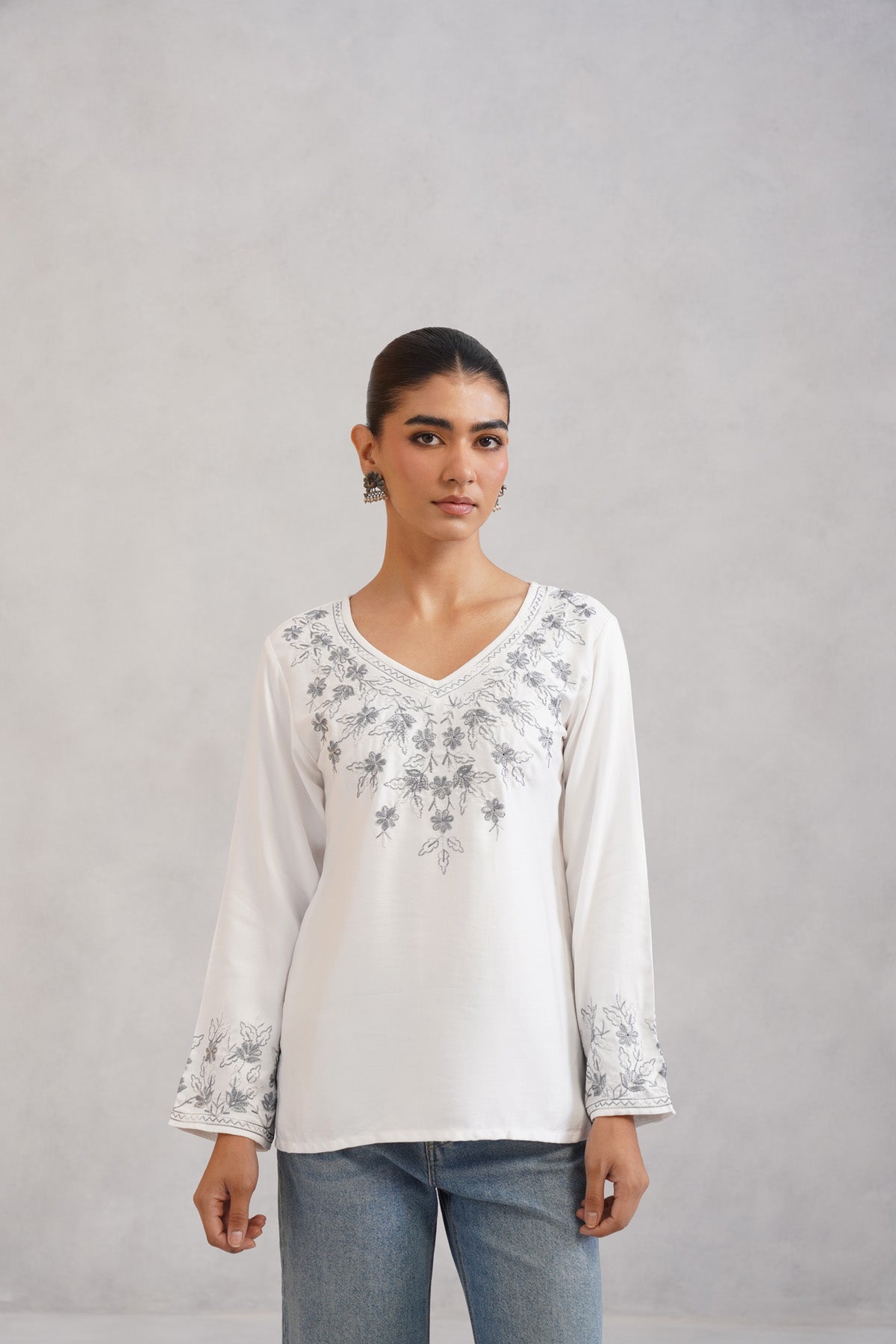 Nuresa White Floral Embroidered Top