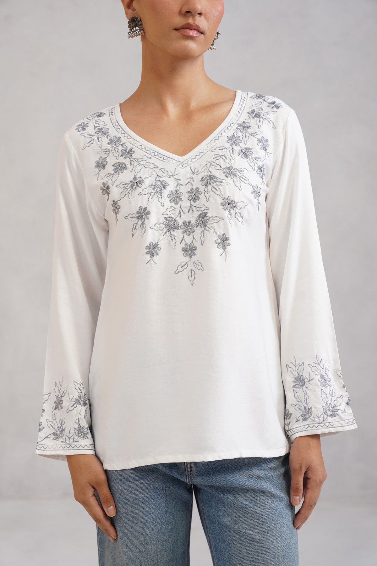 Nuresa White Floral Embroidered Top