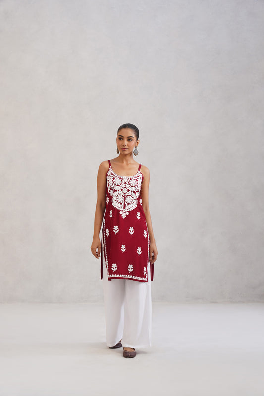 Kalindi Maroon Embroidered Sleeveless Straight Kurta
