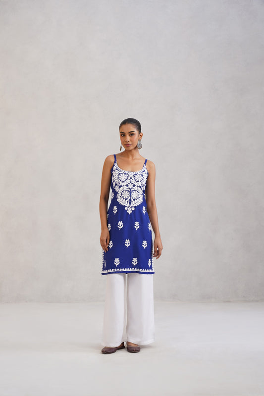Kalindi Royal Blue Embroidered Sleeveless Straight Kurta