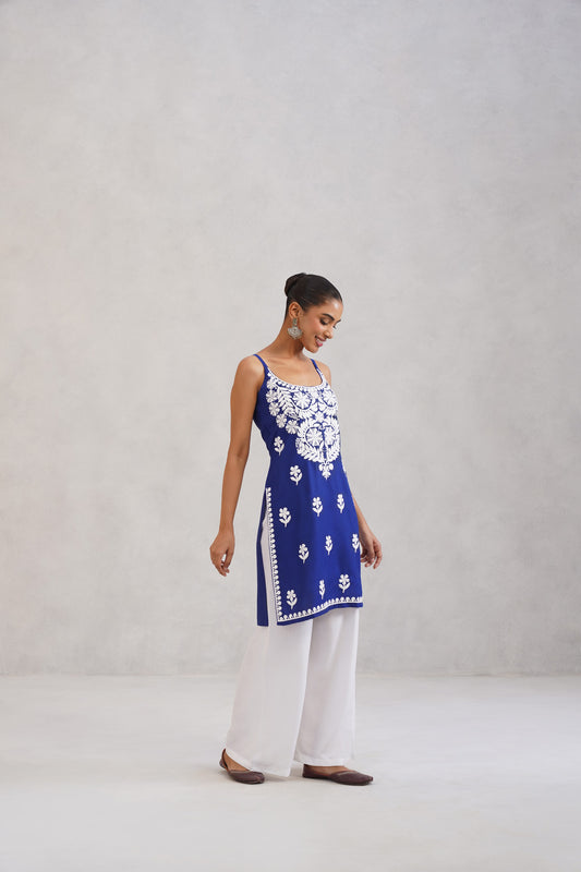 Kalindi Royal Blue Embroidered Sleeveless Straight Kurta
